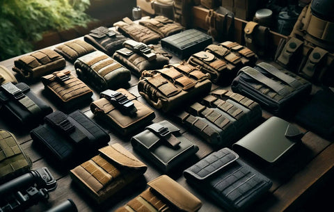 Assorted tactical magazine pouches on a wooden table, with a blurred tactical vest and foliage in the background