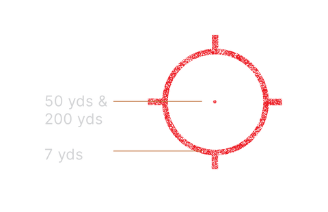 Red target with measurement labels on a black background