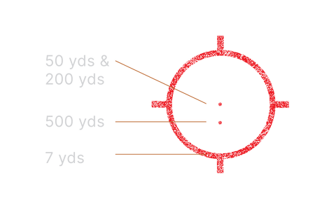 Red target diagram with distance markings on a black background