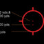 Red target diagram with distance markings on a black background