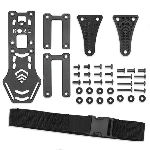 Black metal brackets, screws, and a belt on a white background with 'Kore' branding.