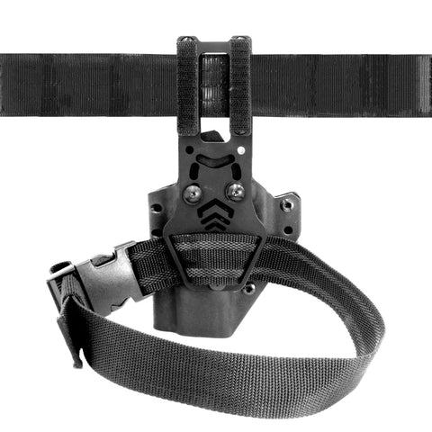 Black tactical belt with holster on a white background