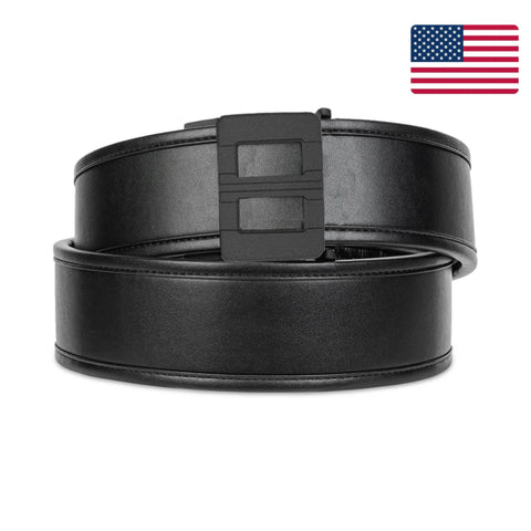 Black belt with a buckle on a white background with an American flag icon.