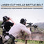 Two people with laser-cut MOLLE battle belts and rifles in a mountainous landscape.