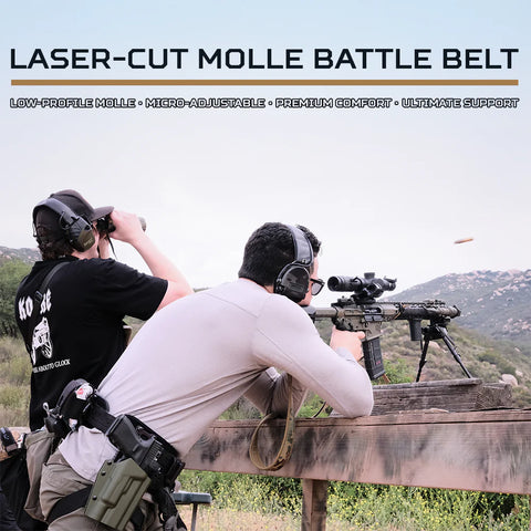 Two people with laser-cut MOLLE battle belts and rifles in a mountainous landscape.