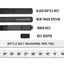 Black battle belt with components and measurement chart on a white background