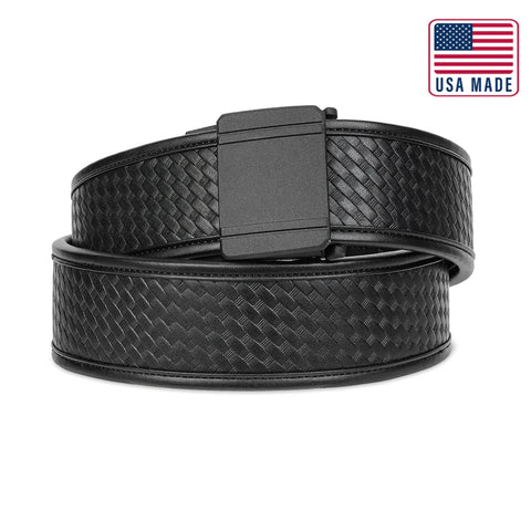 D1 Buckle Basketweave Duty Belt – 2.25-inch heavy-duty tactical belt with a micro-adjustable track system for law enforcement, military, and security professionals.