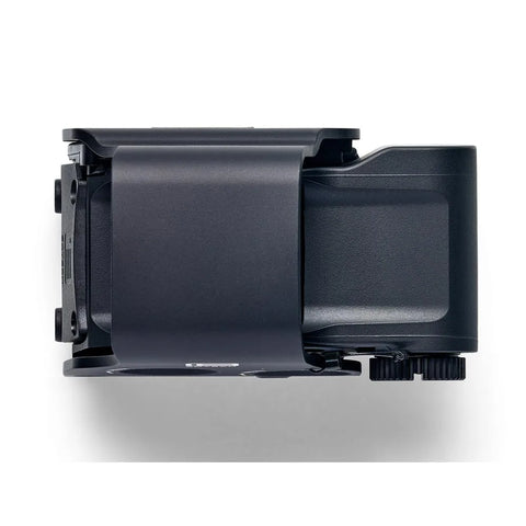 Black camera lens hood on a white background