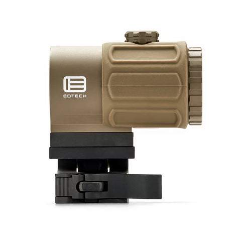 EOTECH G43 3X Magnifier in tan finish, compact tactical optic with Switch-to-Side mount and QD lever for quick transition from 1x to 3x magnification.
