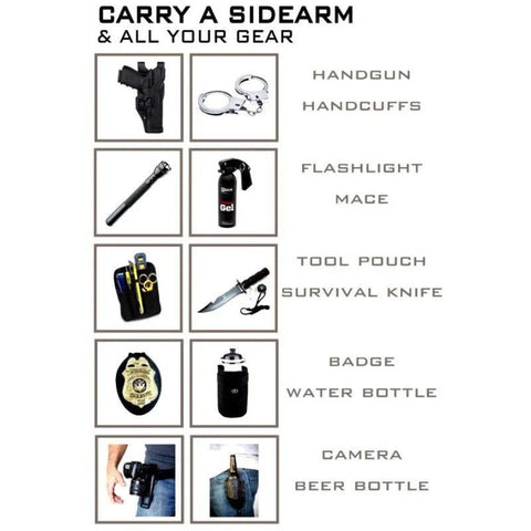 Illustration of various items typically carried, including a handgun, handcuffs, flashlight, mace, tool pouch, survival knife, badge, water bottle, camera, and beer bottle.
