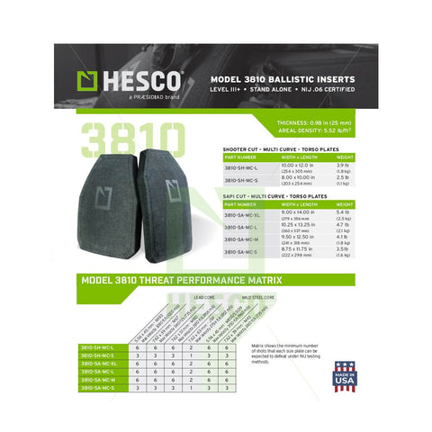 Hesco 3810 Level III+ Multi Curve Armor Plate Set product specification sheet detailing weight, thickness, NIJ threat ratings, and performance data.