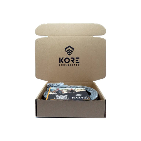 Open cardboard box with KORE Essentials branding on a white background