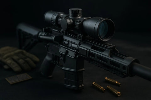 Close-up of a tactical rifle with a mounted red dot optic, highlighted by dramatic lighting with brass casings, tactical gloves, and a faint American flag patch in the background.