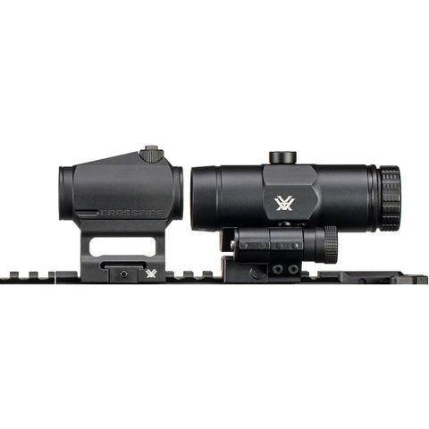 Vortex VMX-3T Magnifier mounted behind red dot sight on AR rifle
