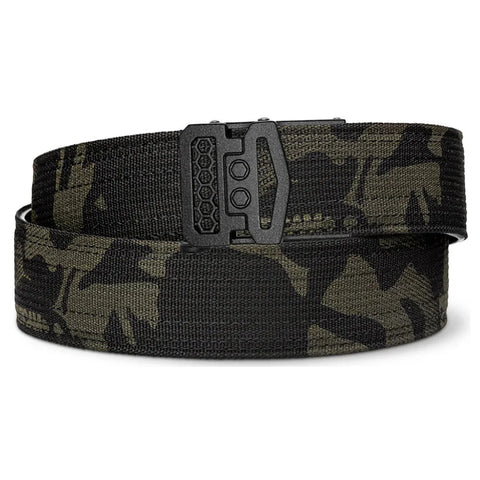 X10 Buckle Multicam Black Tactical Gun Belt 1.5" with reinforced Power-Core center, adjustable fit, and rugged zinc alloy buckle.